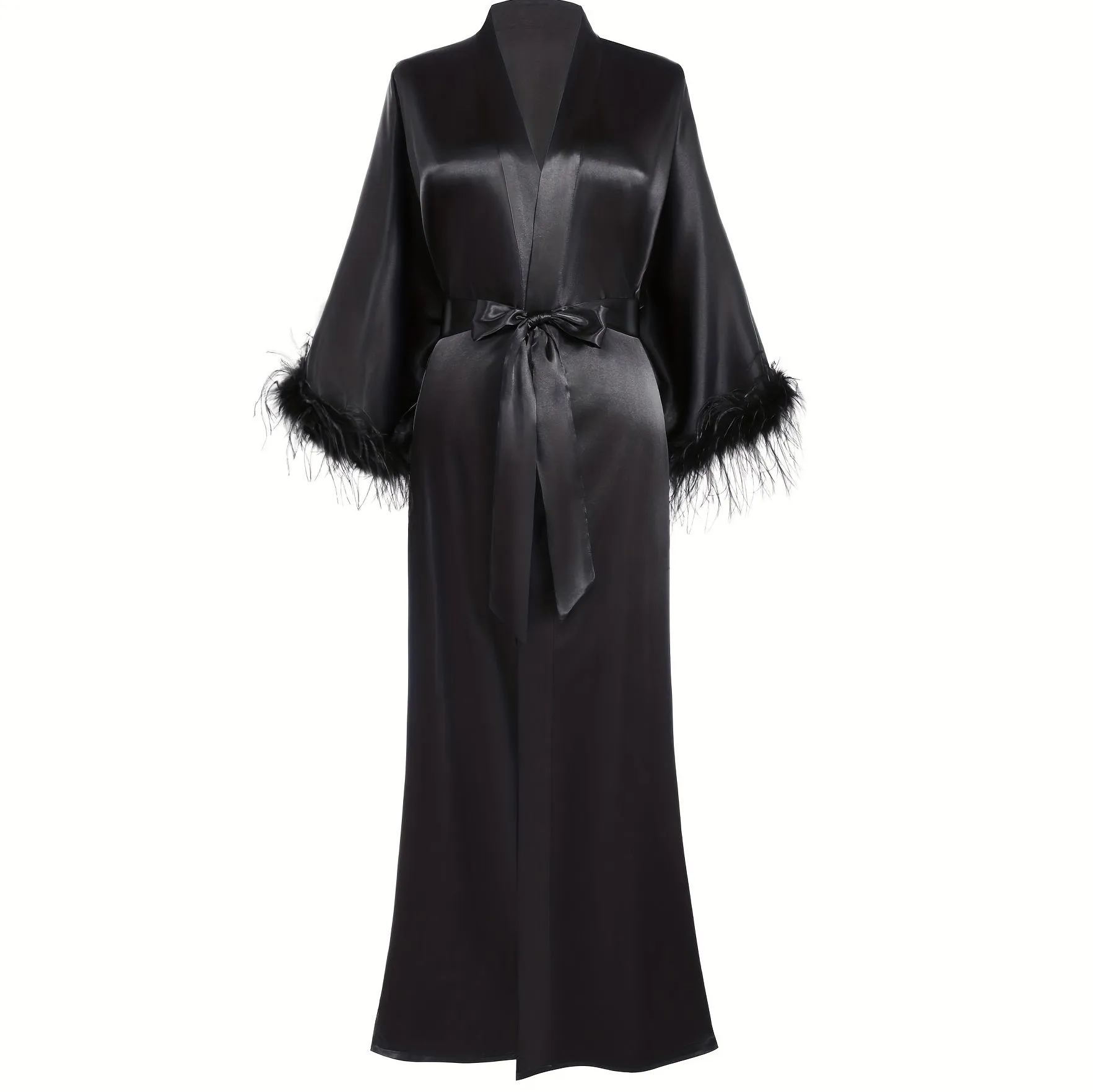 Women Pure Silk Kimono Robes with Ostrich Feather