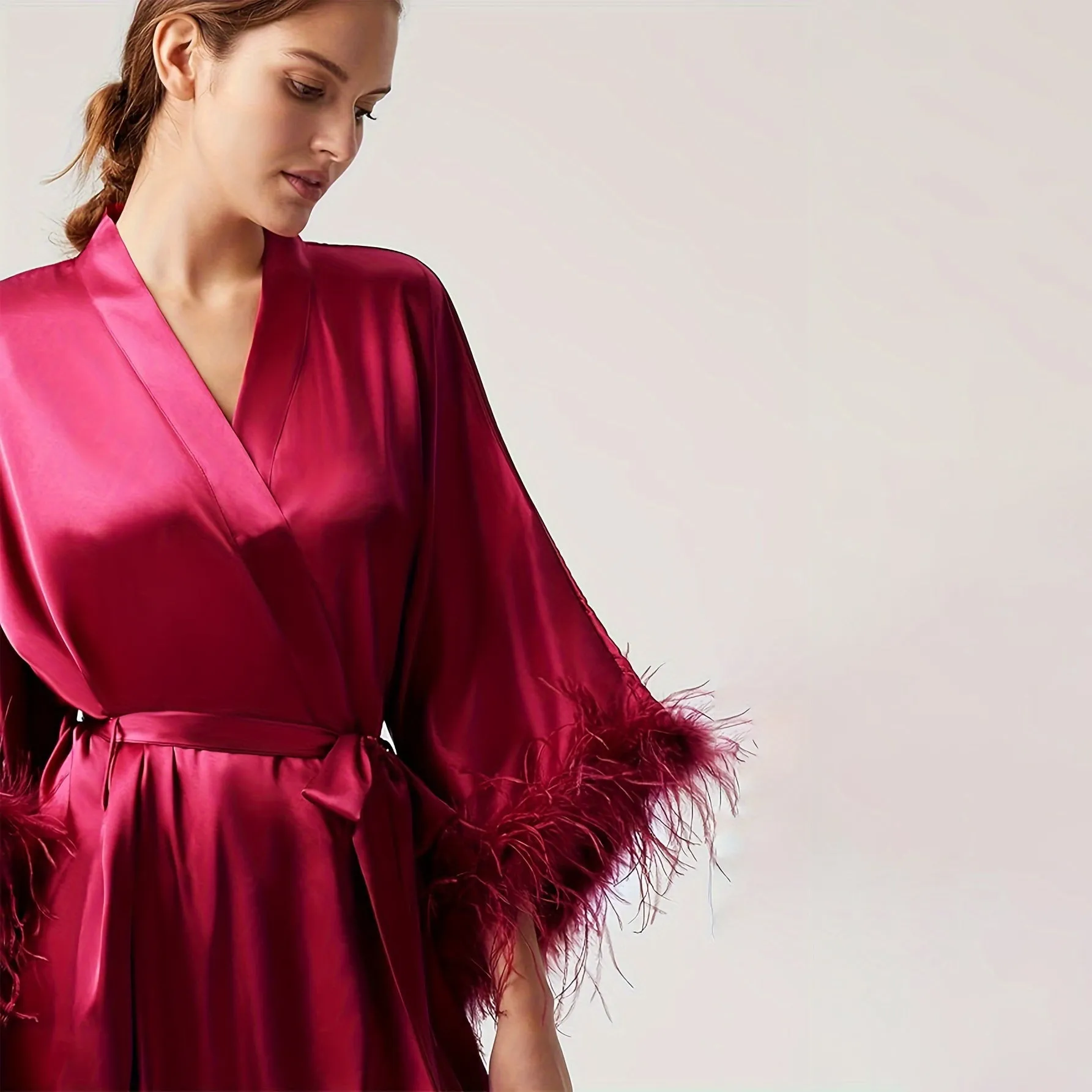 Women Pure Silk Kimono Robes with Ostrich Feather