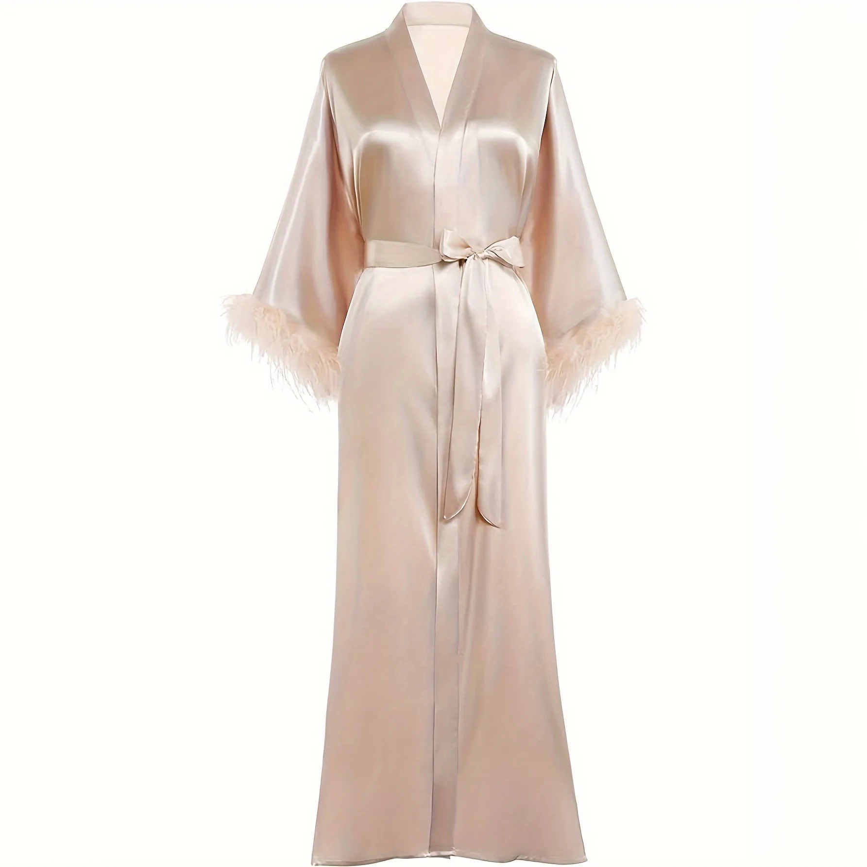 Women Pure Silk Kimono Robes with Ostrich Feather