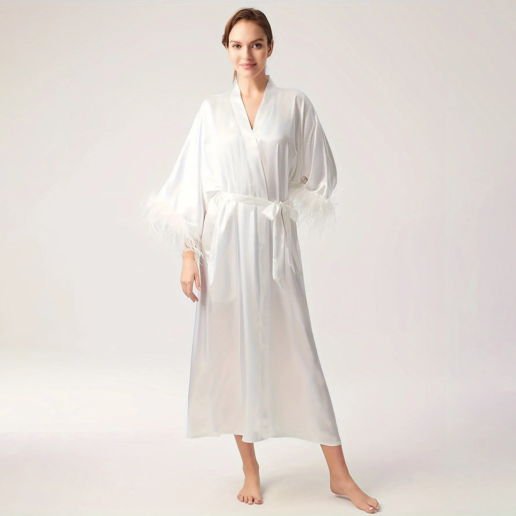 Women Pure Silk Kimono Robes with Ostrich Feather