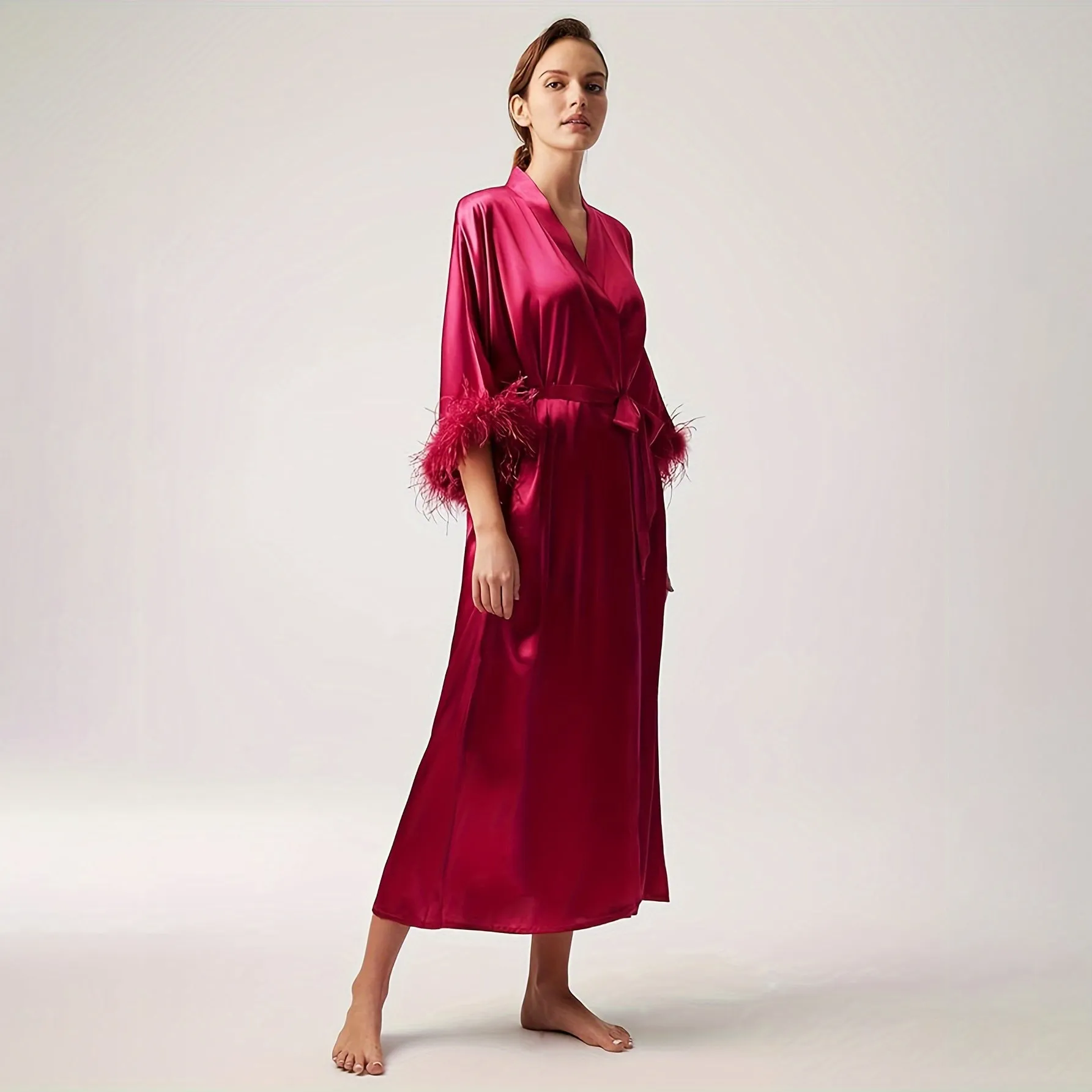 Women Pure Silk Kimono Robes with Ostrich Feather