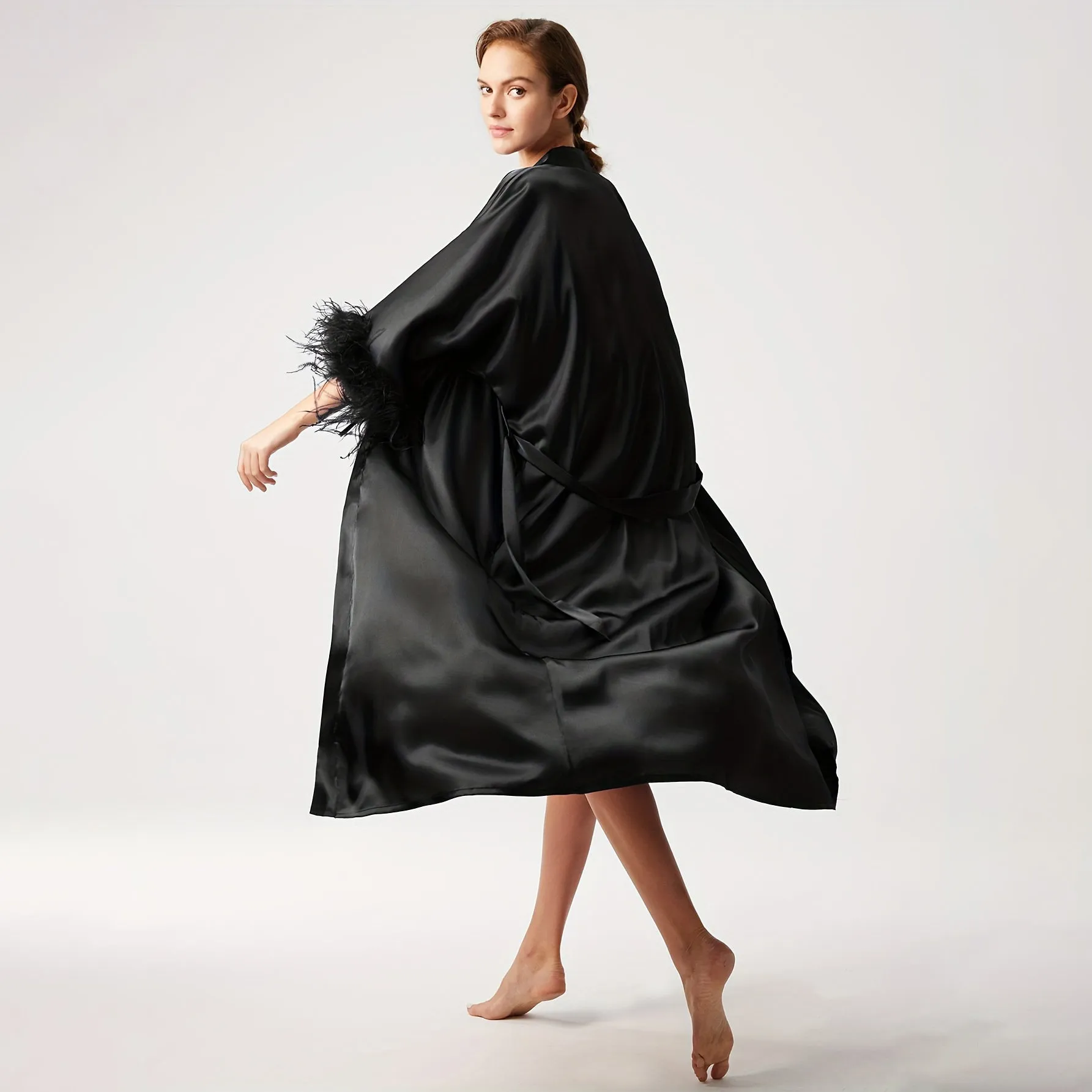 Women Pure Silk Kimono Robes with Ostrich Feather