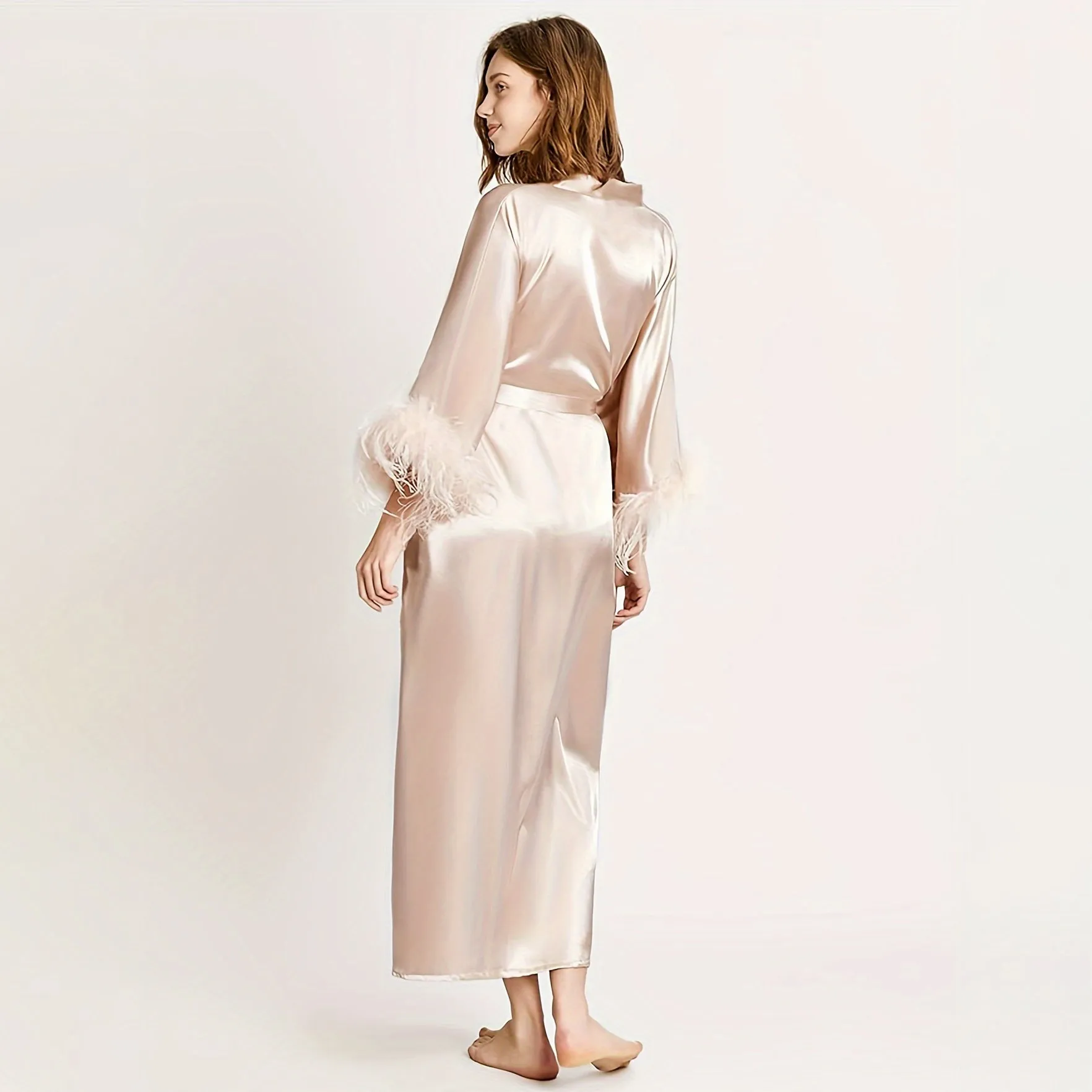 Women Pure Silk Kimono Robes with Ostrich Feather