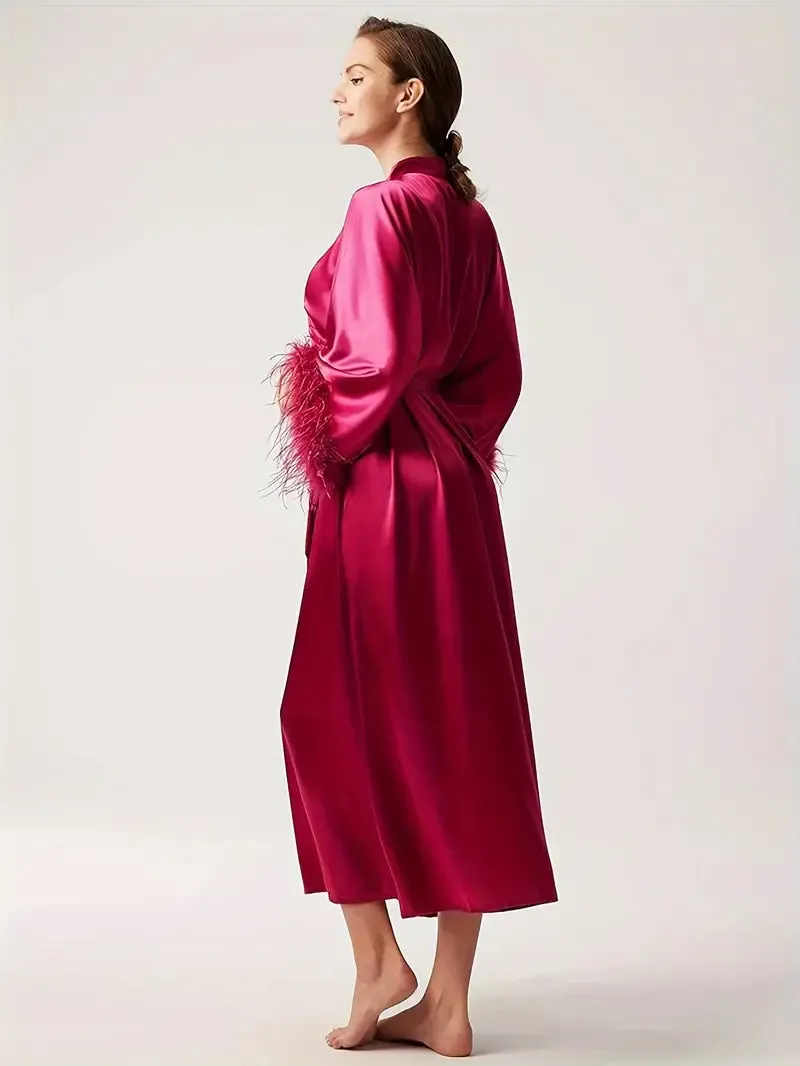 Women Pure Silk Kimono Robes with Ostrich Feather