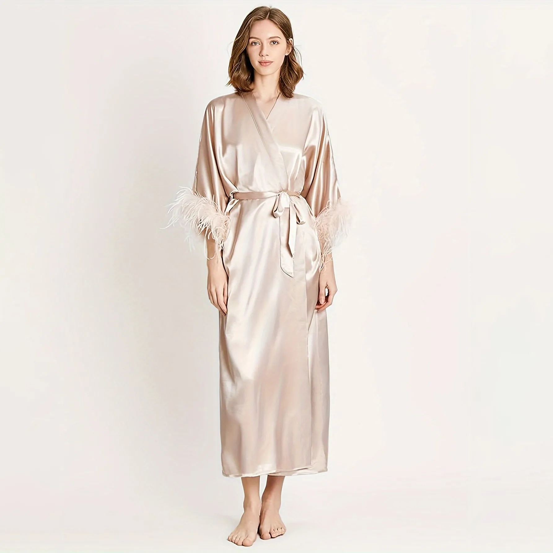 Women Pure Silk Kimono Robes with Ostrich Feather