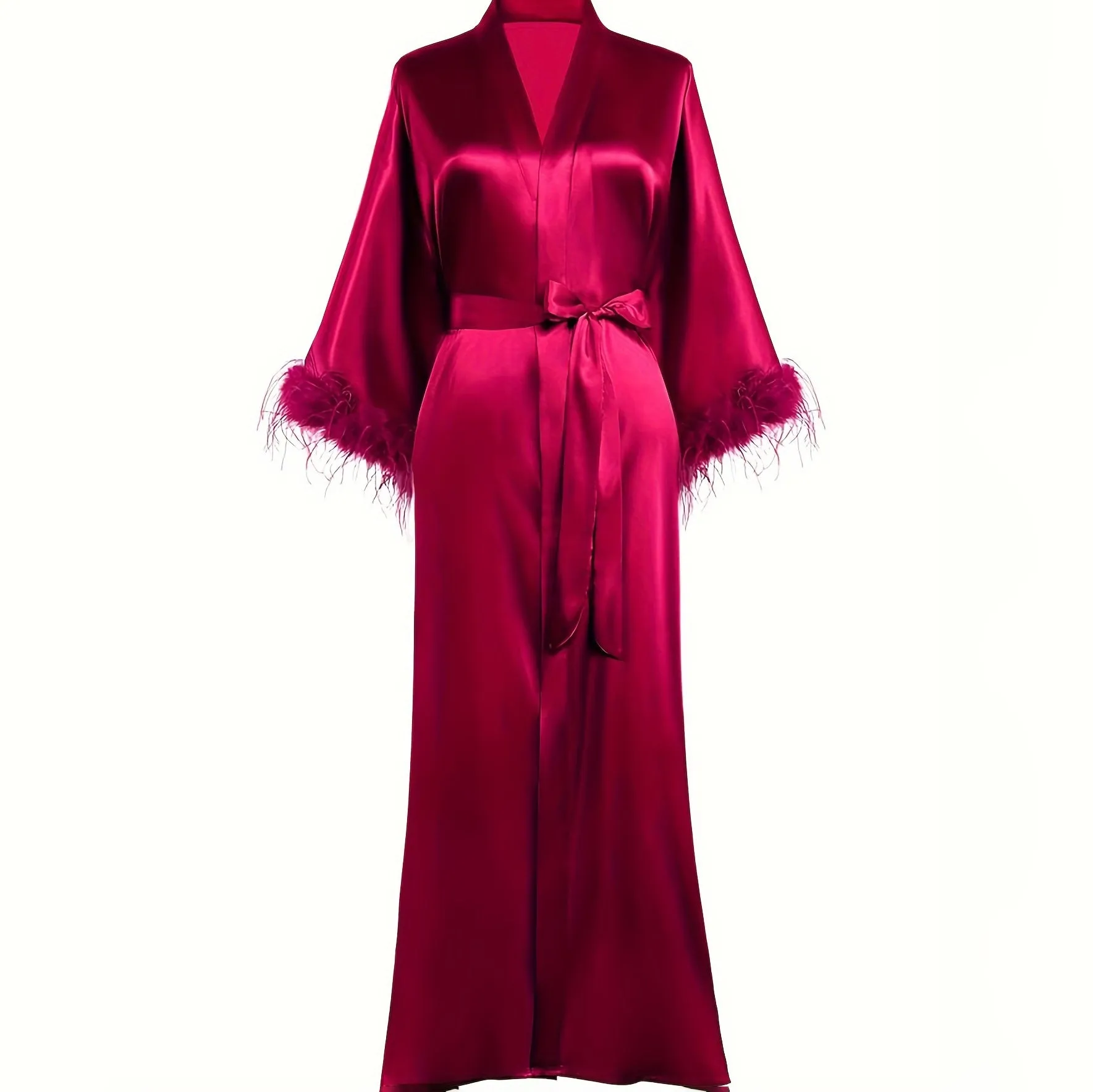 Women Pure Silk Kimono Robes with Ostrich Feather