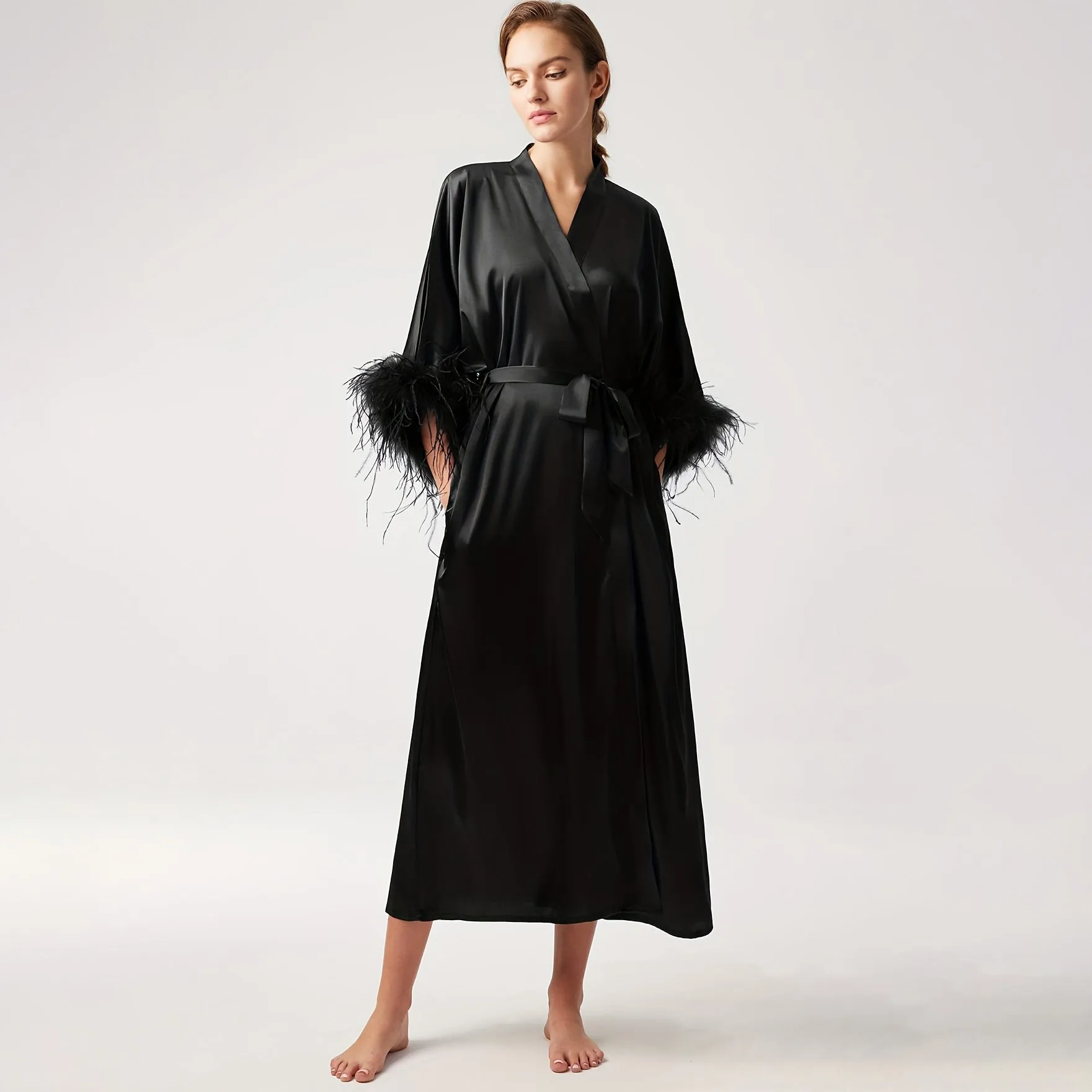 Women Pure Silk Kimono Robes with Ostrich Feather
