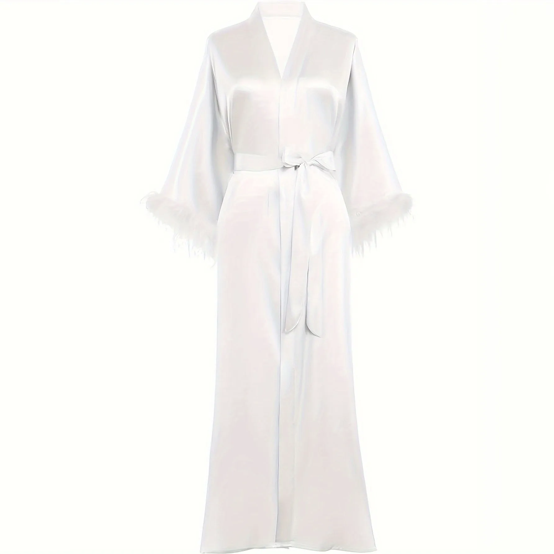 Women Pure Silk Kimono Robes with Ostrich Feather