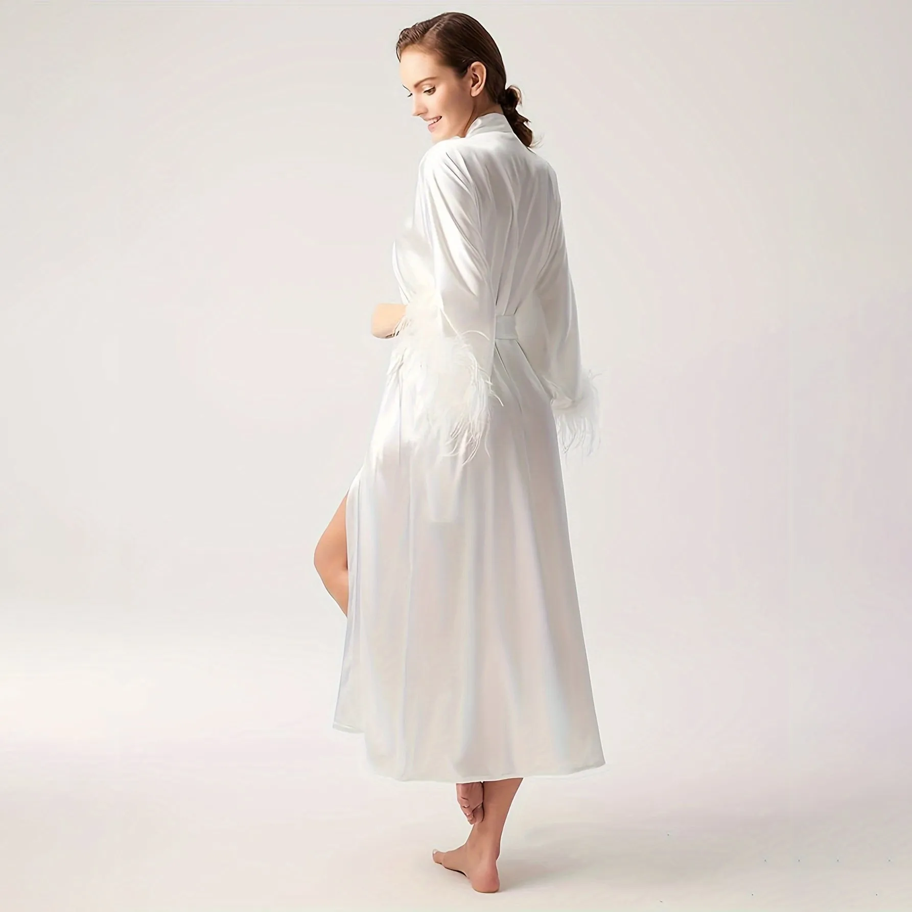 Women Pure Silk Kimono Robes with Ostrich Feather