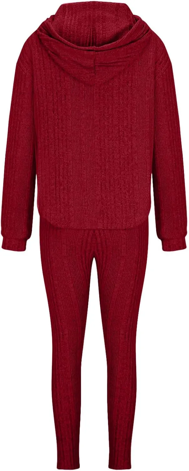 Women Ribbed Knit Loungewear Sets Oversized Sweater Hoodie and Slim Fit Yoga Pants Winter Comfy 2Piece Pajama Sets