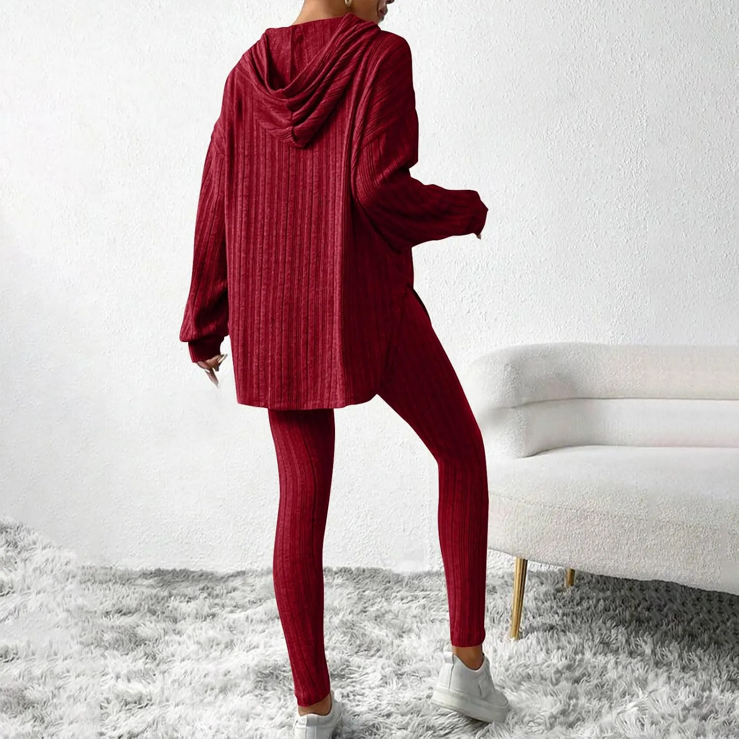 Women Ribbed Knit Loungewear Sets Oversized Sweater Hoodie and Slim Fit Yoga Pants Winter Comfy 2Piece Pajama Sets