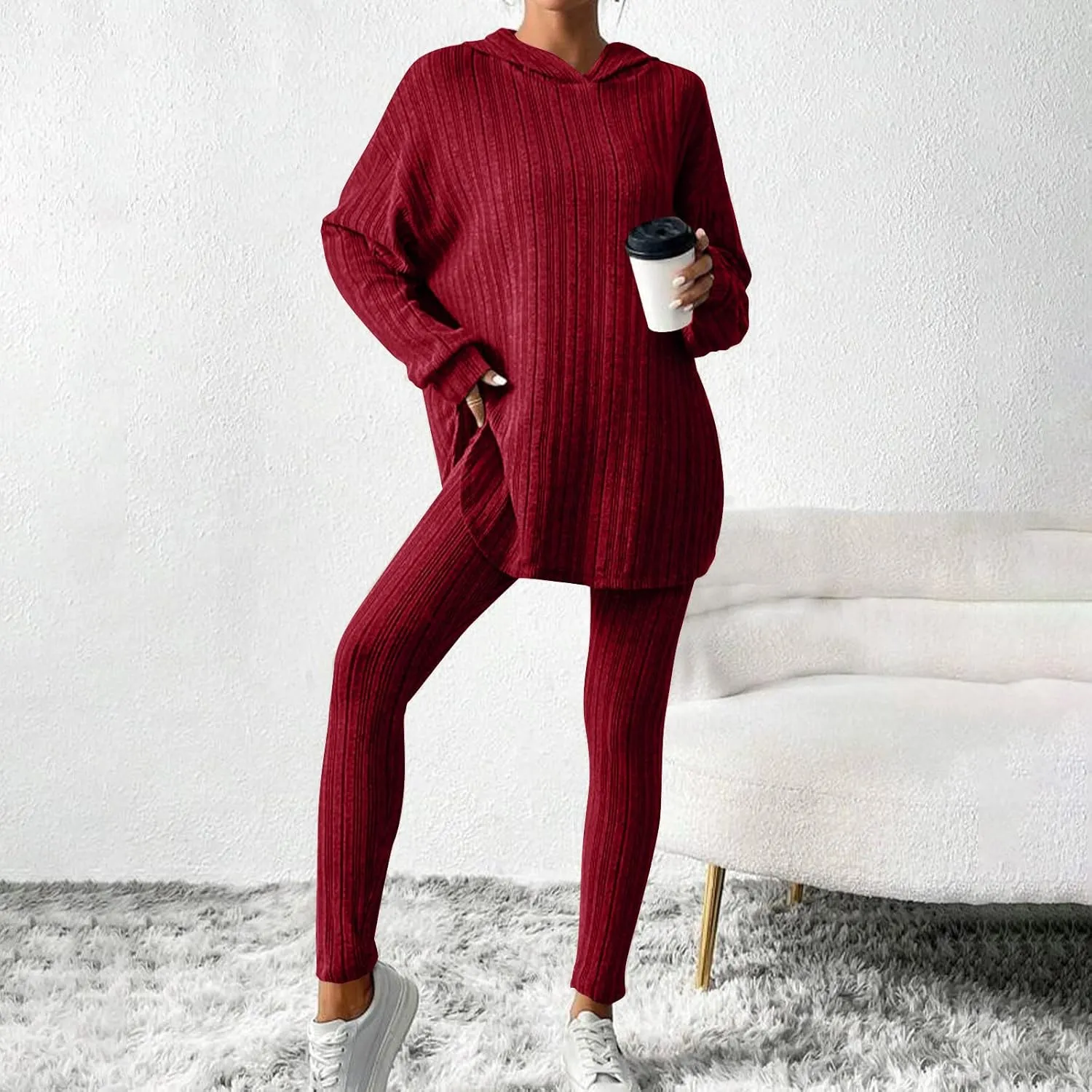 Women Ribbed Knit Loungewear Sets Oversized Sweater Hoodie and Slim Fit Yoga Pants Winter Comfy 2Piece Pajama Sets