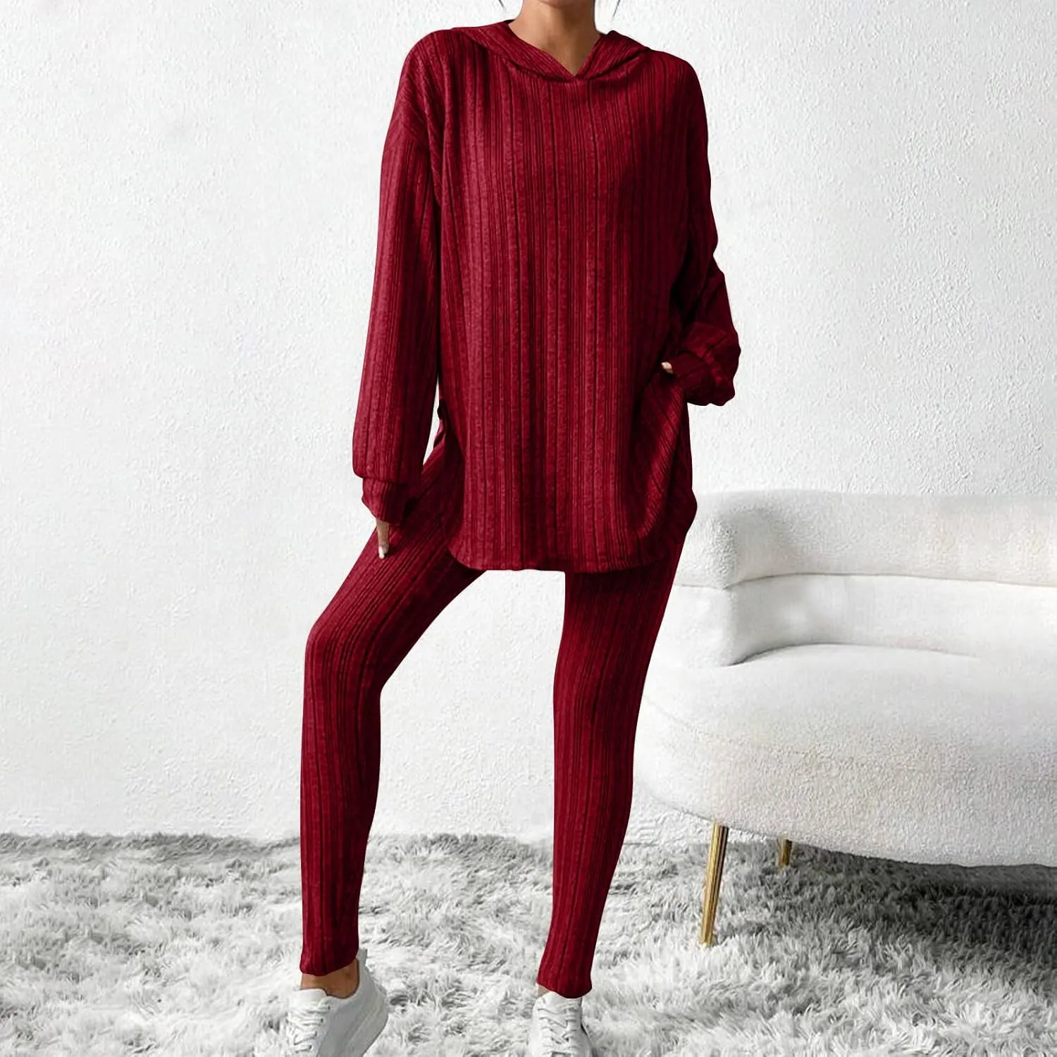 Women Ribbed Knit Loungewear Sets Oversized Sweater Hoodie and Slim Fit Yoga Pants Winter Comfy 2Piece Pajama Sets