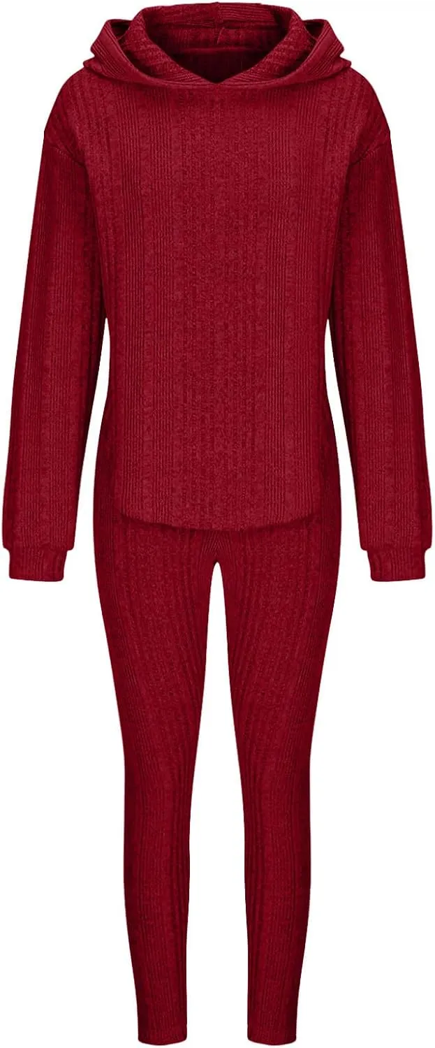 Women Ribbed Knit Loungewear Sets Oversized Sweater Hoodie and Slim Fit Yoga Pants Winter Comfy 2Piece Pajama Sets