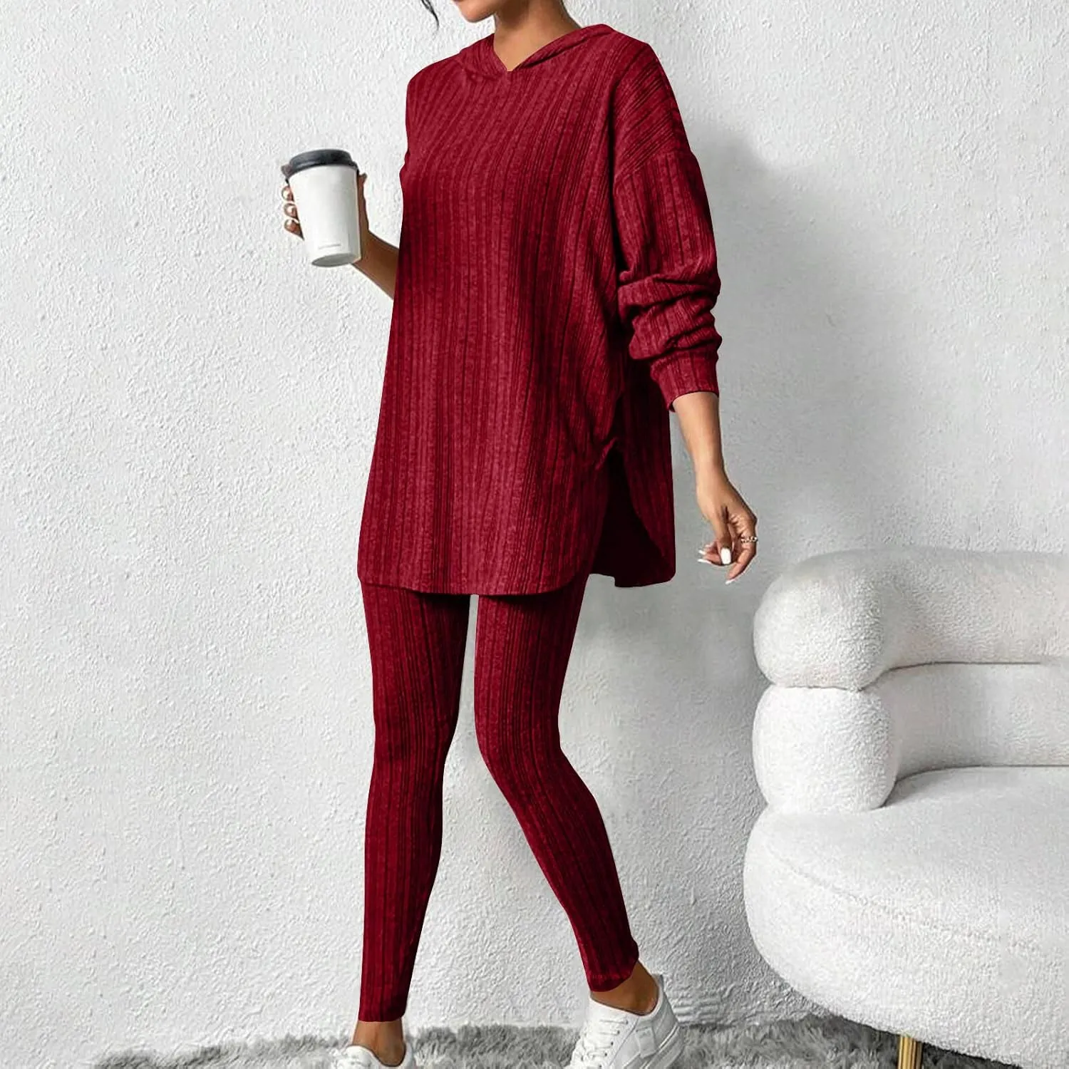 Women Ribbed Knit Loungewear Sets Oversized Sweater Hoodie and Slim Fit Yoga Pants Winter Comfy 2Piece Pajama Sets