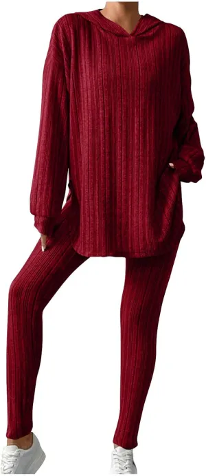 Women Ribbed Knit Loungewear Sets Oversized Sweater Hoodie and Slim Fit Yoga Pants Winter Comfy 2Piece Pajama Sets