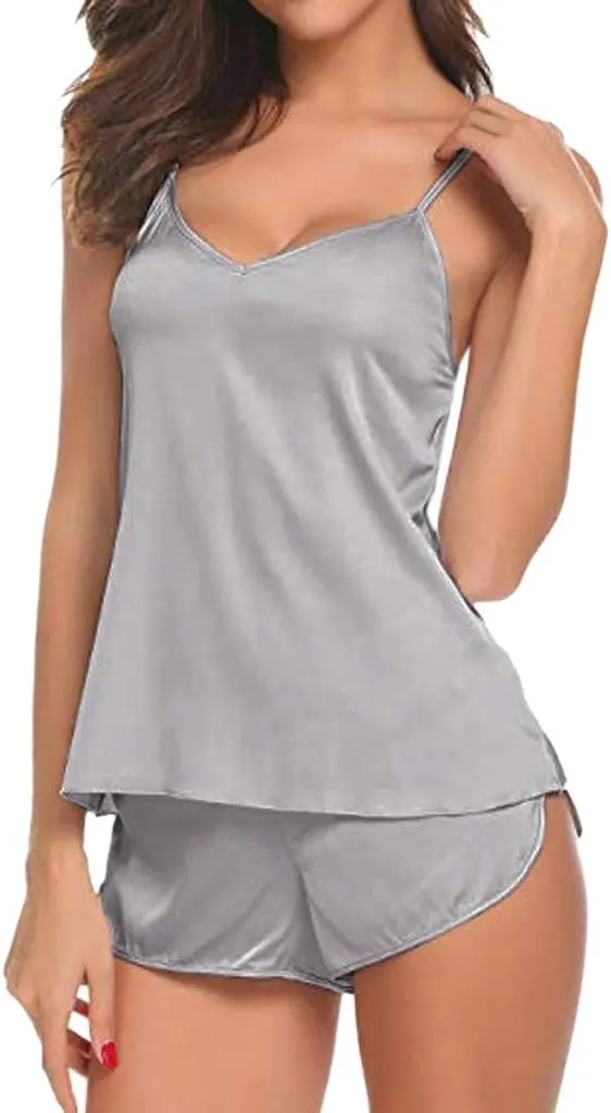 Women s Lounger House Dress Pajamas Sexy-Lingerie Satin Womens Lace Cami Top with Shorts and Lace Bralettes (Blue, XL) (Grey-2, XL)