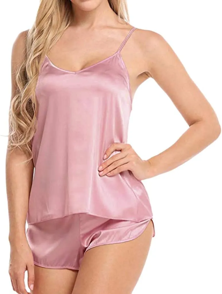 Women s Lounger House Dress Pajamas Sexy-Lingerie Satin Womens Lace Cami Top with Shorts and Lace Bralettes (Blue, XL) (Pink-2, S)