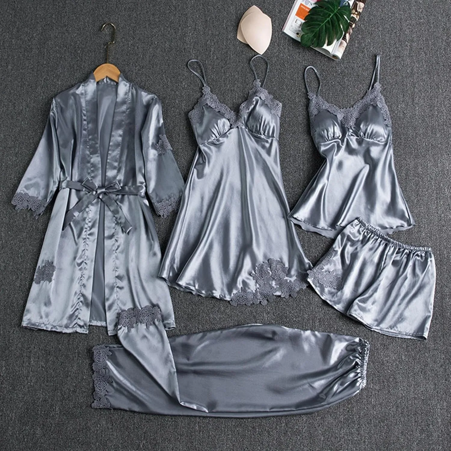 Women Sexy Lace Trim Pajamas Set 5 Piece Sleepwear Nightgown Robes Cami Shorts Pants Silk Satin Pjs Loungewear