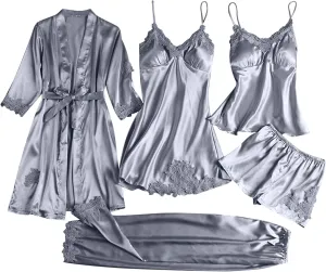 Women Sexy Lace Trim Pajamas Set 5 Piece Sleepwear Nightgown Robes Cami Shorts Pants Silk Satin Pjs Loungewear