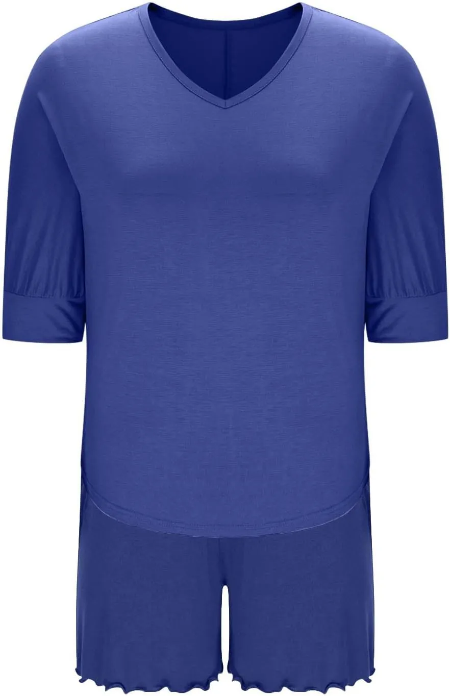 Women Solid Modal Pajama Set Short Sleeve Sleepwear Soft Comfortable Pjs Loungewear Sets 2 Piece Casual Nightwear