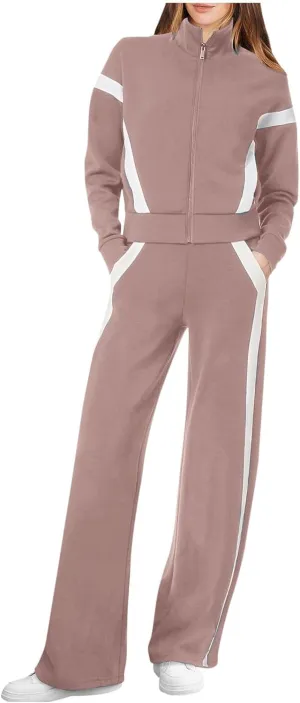 Women Trendy 2 Piece Set Zip Up Sweatshirt Sweatpant Tracksuit Colorblock Jogger Sweatsuits Fall Winter Outfits