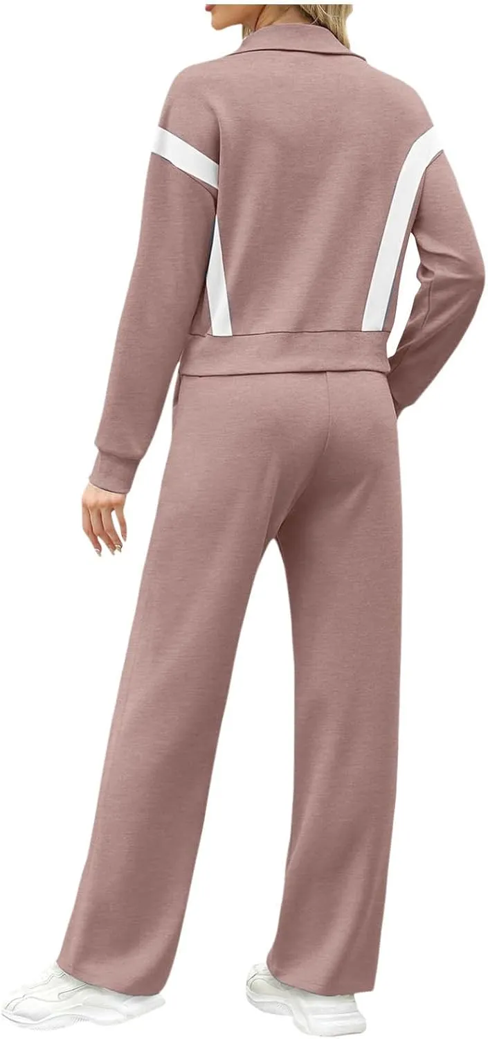 Women Trendy 2 Piece Set Zip Up Sweatshirt Sweatpant Tracksuit Colorblock Jogger Sweatsuits Fall Winter Outfits