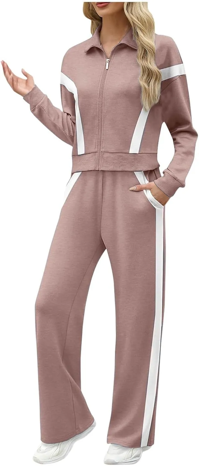 Women Trendy 2 Piece Set Zip Up Sweatshirt Sweatpant Tracksuit Colorblock Jogger Sweatsuits Fall Winter Outfits