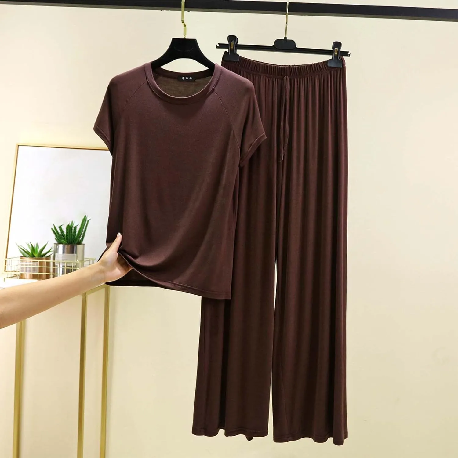 Women Wide Leg Bottoms Pajama Sets Soft Modal Lounge 2 Piece Outfits Short Sleeve Crewneck T Shirts and Long Pants