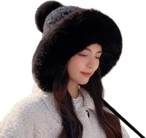 Women Winter Knit Hat Beanie Hat Fleece Lined Hat Windproof and Warm Elastic Hat with Cute Pompom Balls Knitted Hat Black
