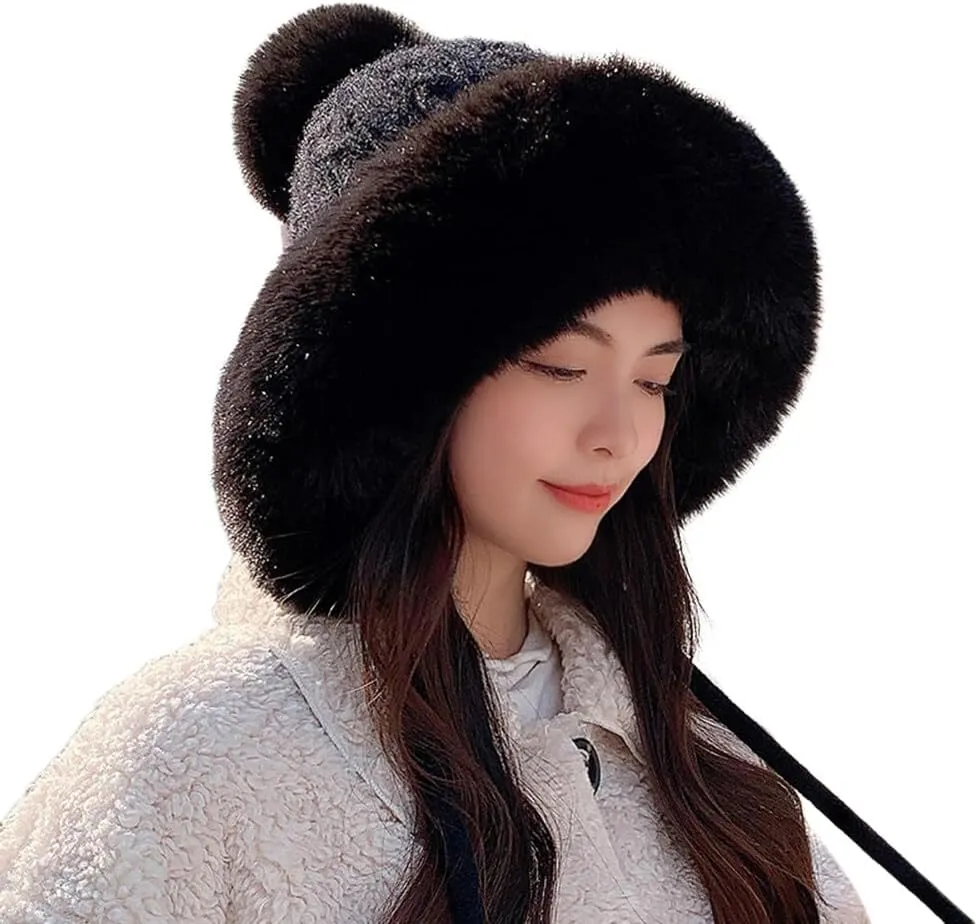 Women Winter Knit Hat Beanie Hat Fleece Lined Hat Windproof and Warm Elastic Hat with Cute Pompom Balls Knitted Hat Black