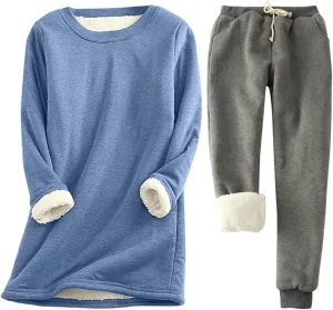 Women Winter Pajama Set Sherpa Lined Lounge Sets Thicken Warm Sweatshirt and Jogger Pants 2 PC Fleece Pj Sets