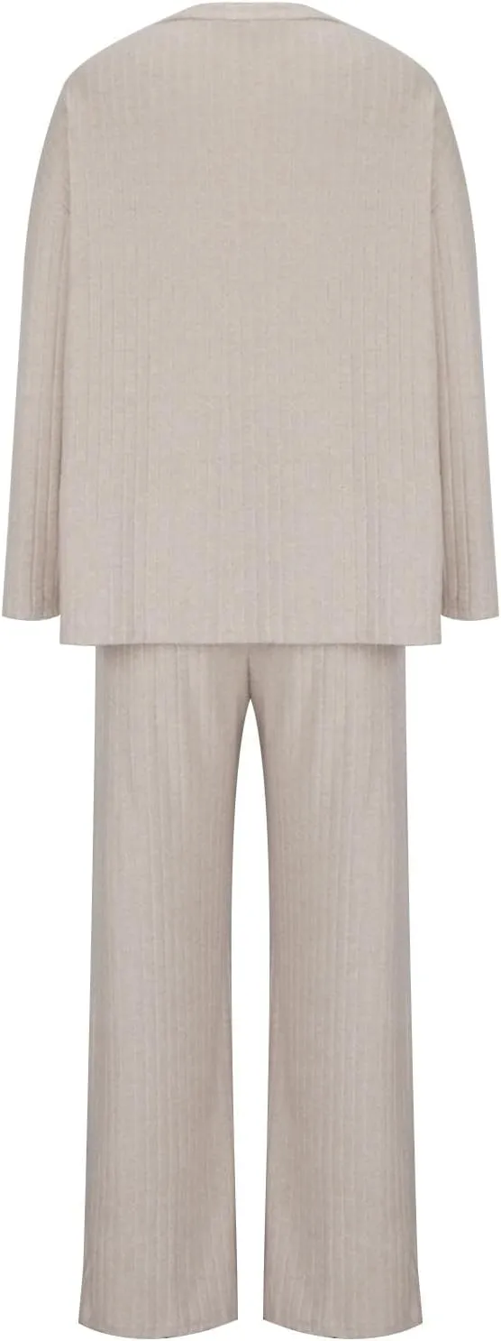 Women Winter Soft Loungewear Sets V Neck Long Sleeve Knitted Pullover Sweater Elastic Waist Lounge Pant 2 PC Outfits