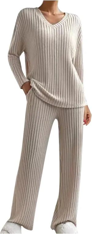 Women Winter Soft Loungewear Sets V Neck Long Sleeve Knitted Pullover Sweater Elastic Waist Lounge Pant 2 PC Outfits