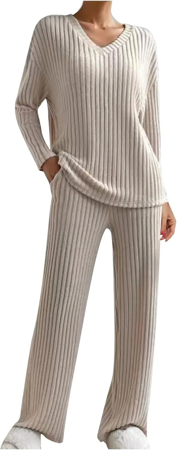 Women Winter Soft Loungewear Sets V Neck Long Sleeve Knitted Pullover Sweater Elastic Waist Lounge Pant 2 PC Outfits