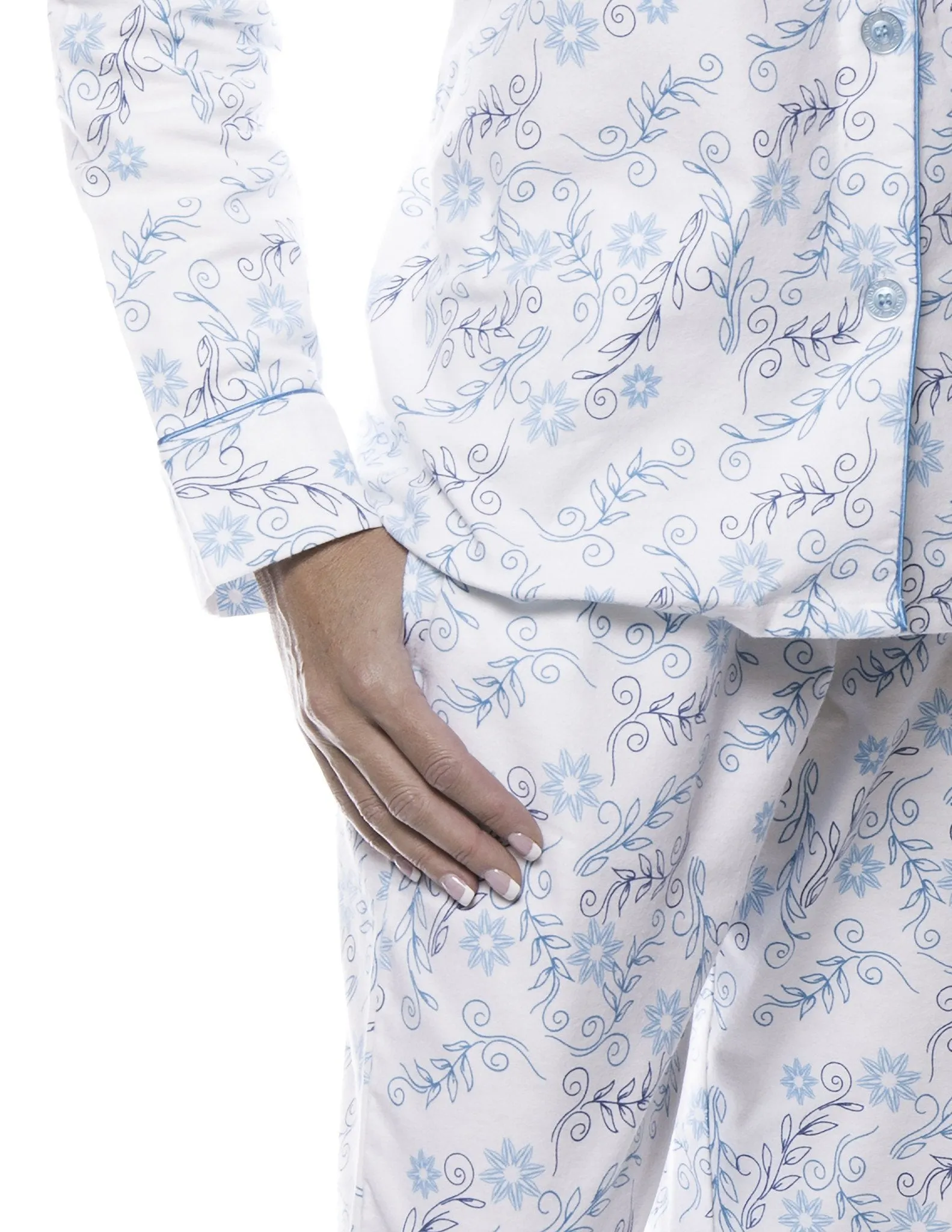 Women's 100% Cotton Flannel Pajama Sleepwear Set - Floral White/Blue
