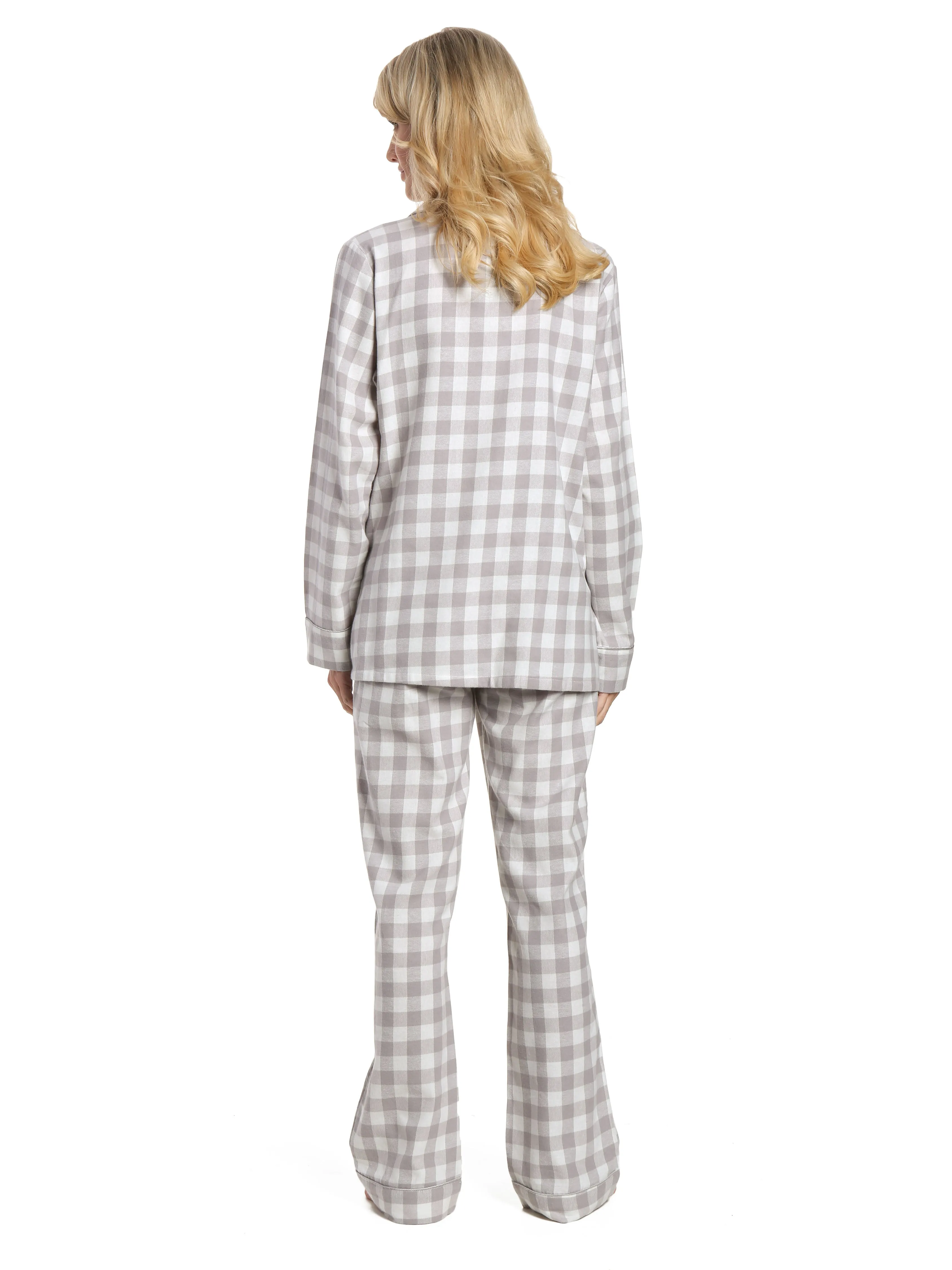 Womens 100% Cotton Lightweight Flannel Pajama Sleepwear Set - Gingham Gray