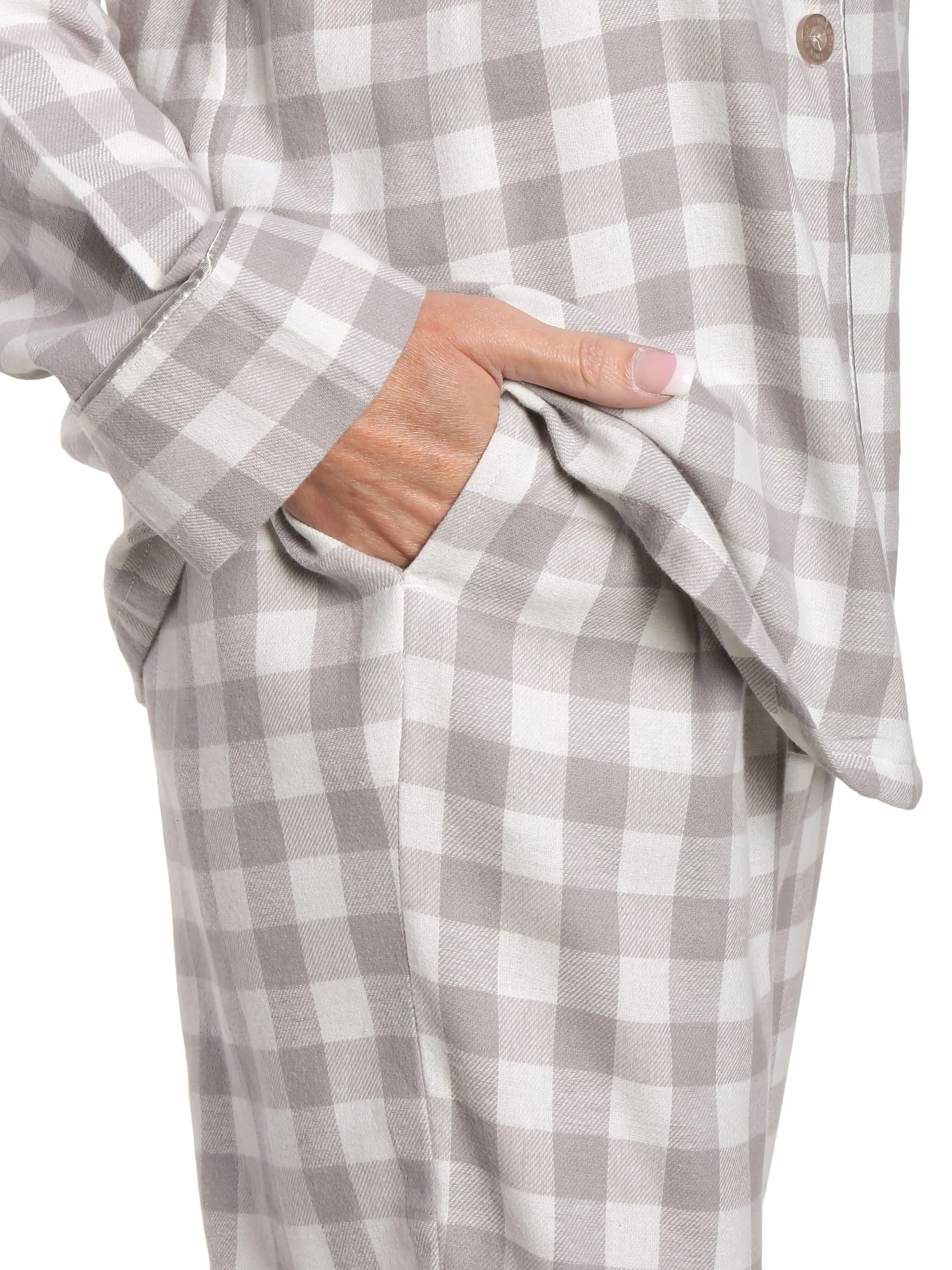 Womens 100% Cotton Lightweight Flannel Pajama Sleepwear Set - Gingham Gray