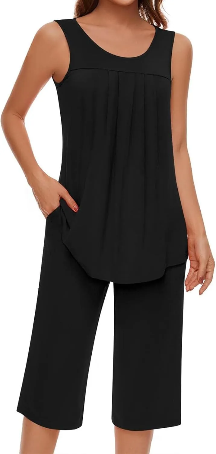 Womens 2 Piece Capri Outfits Summer Sleeveless Tank Tops T Shirt Crop Pants Pajamas Set Loungewear Sets with Pockets