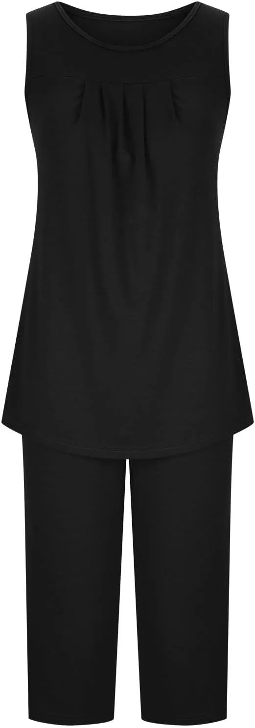 Womens 2 Piece Capri Outfits Summer Sleeveless Tank Tops T Shirt Crop Pants Pajamas Set Loungewear Sets with Pockets