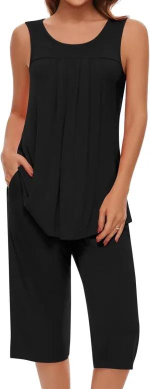 Womens 2 Piece Capri Outfits Summer Sleeveless Tank Tops T Shirt Crop Pants Pajamas Set Loungewear Sets with Pockets