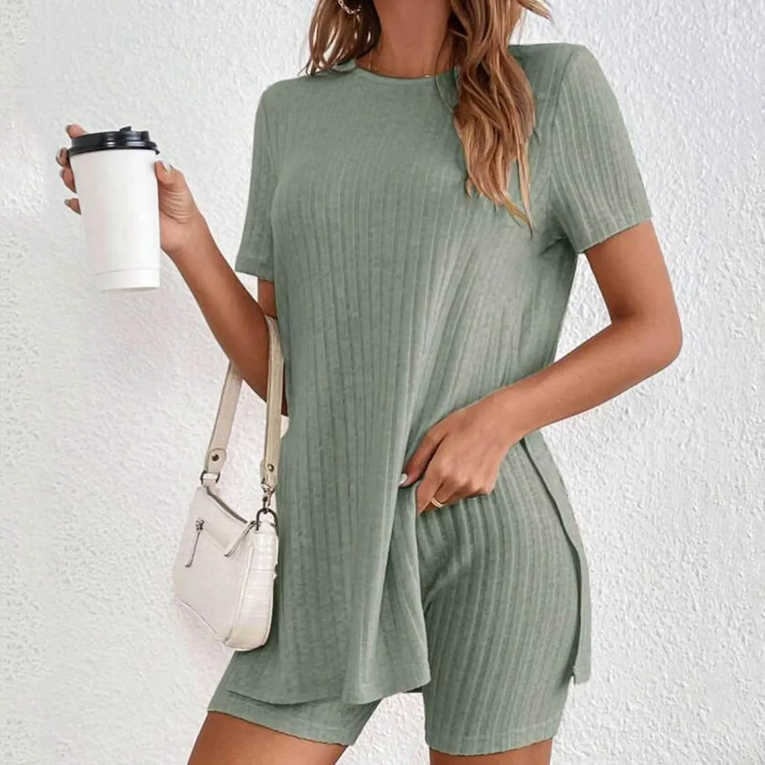 Women's 2 Piece Casual Outfits Short Sleeve Knit Tops Lounge Set Suits Set Kurz Ribbed Lounge Wear Sets Pjs Sets