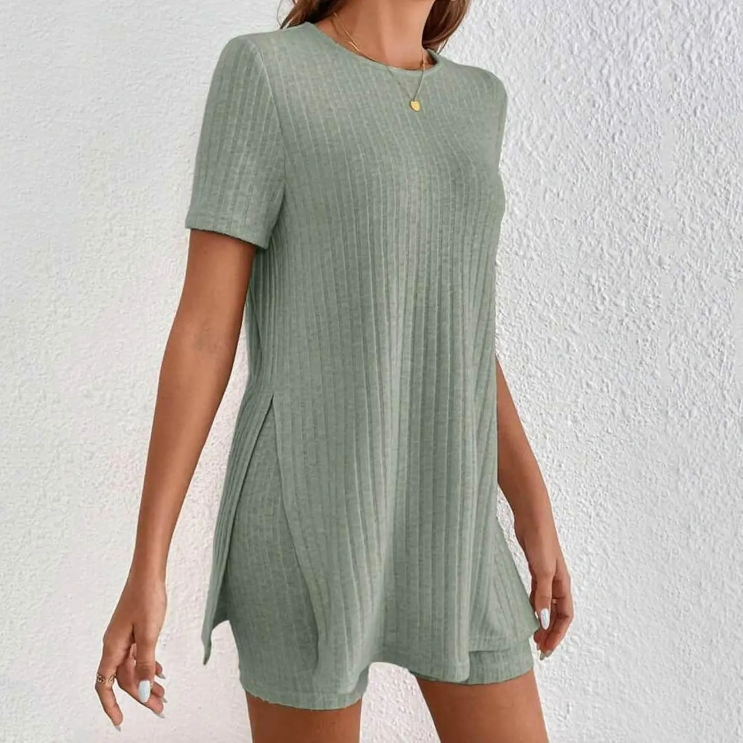 Women's 2 Piece Casual Outfits Short Sleeve Knit Tops Lounge Set Suits Set Kurz Ribbed Lounge Wear Sets Pjs Sets