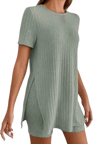 Women's 2 Piece Casual Outfits Short Sleeve Knit Tops Lounge Set Suits Set Kurz Ribbed Lounge Wear Sets Pjs Sets