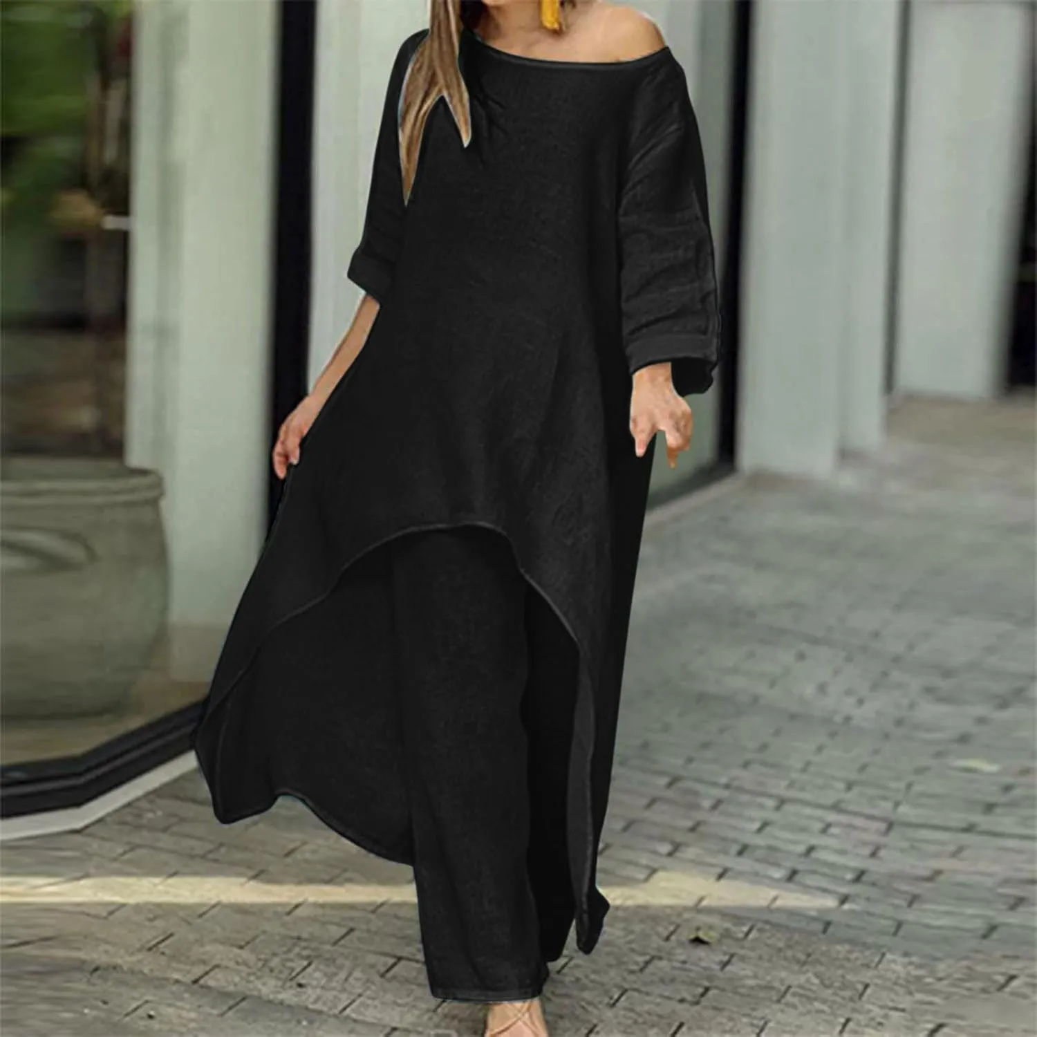 Womens 2 Piece Cotton Linen Sets Summer Casual Beach Vacation Outfits Fashion High Low Tshirt Tops Loose Long Pants
