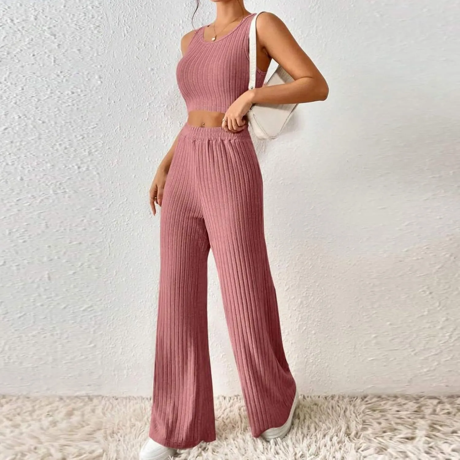 Women's 2 Piece Knit Outfits Slim Fit Crew Neck Sleeveless Vest and Long Pants Solid Lounge Set Fashion Casual Sets