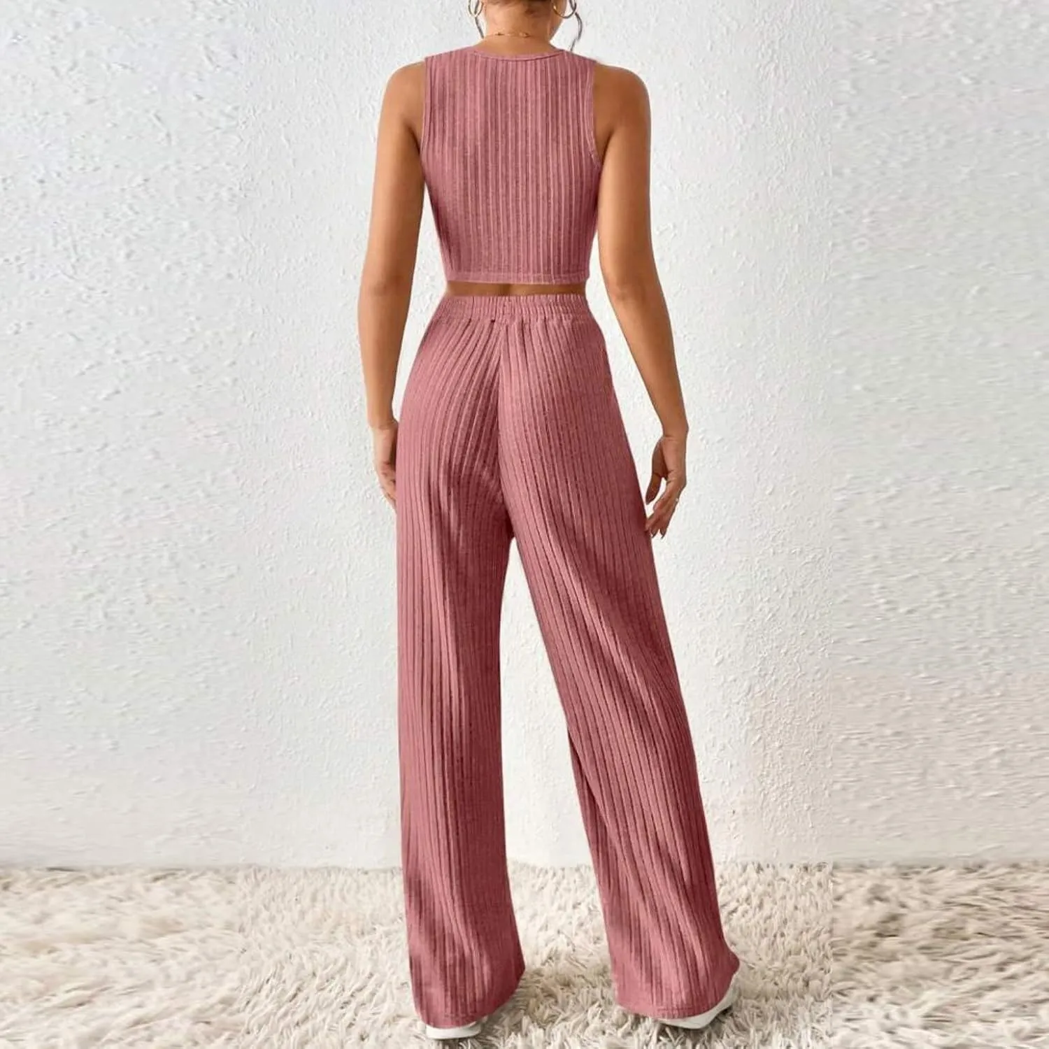 Women's 2 Piece Knit Outfits Slim Fit Crew Neck Sleeveless Vest and Long Pants Solid Lounge Set Fashion Casual Sets