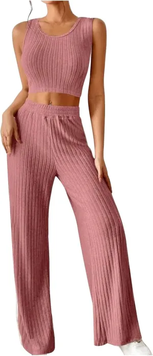 Women's 2 Piece Knit Outfits Slim Fit Crew Neck Sleeveless Vest and Long Pants Solid Lounge Set Fashion Casual Sets