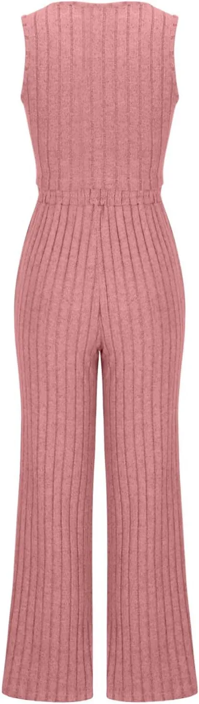 Women's 2 Piece Knit Outfits Slim Fit Crew Neck Sleeveless Vest and Long Pants Solid Lounge Set Fashion Casual Sets