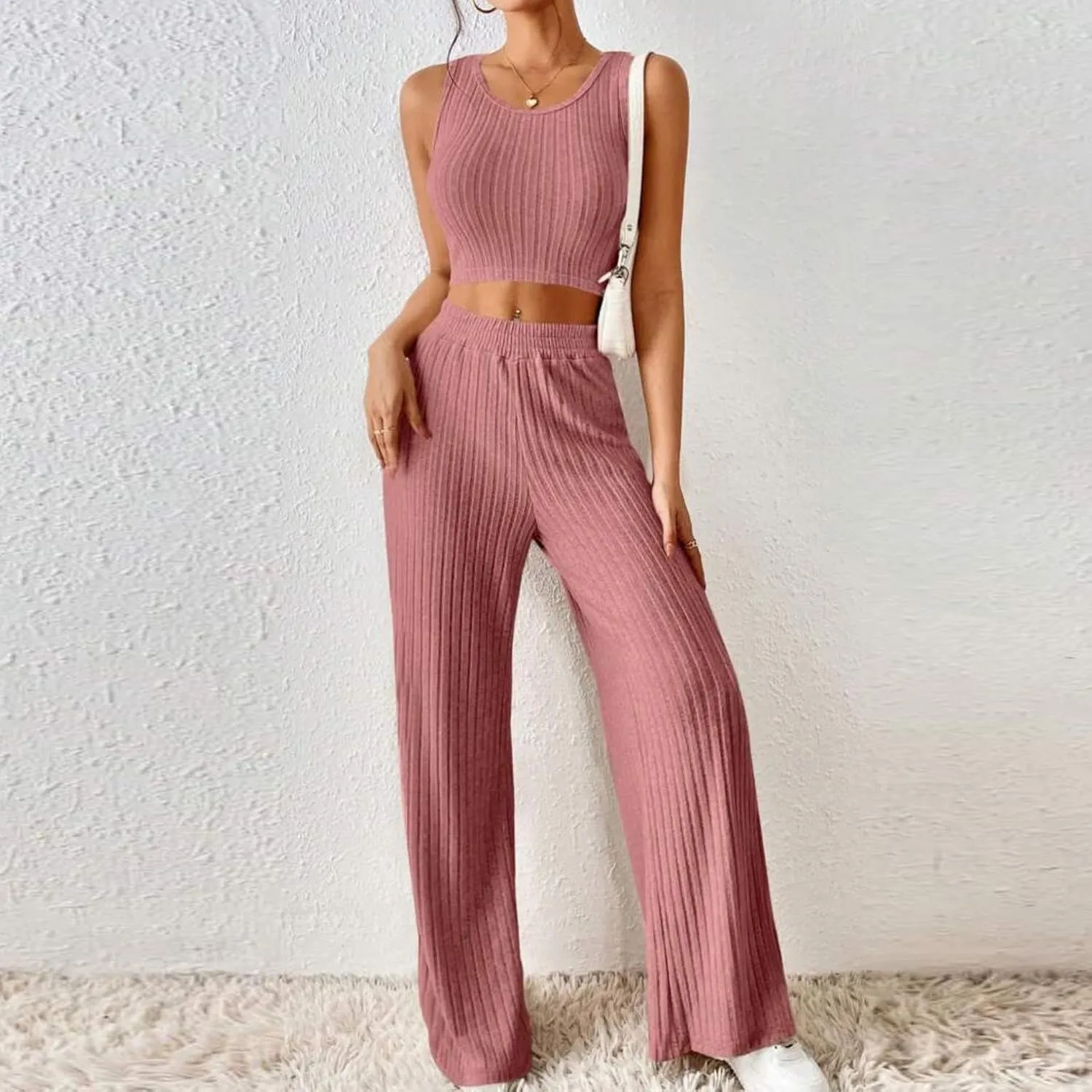 Women's 2 Piece Knit Outfits Slim Fit Crew Neck Sleeveless Vest and Long Pants Solid Lounge Set Fashion Casual Sets